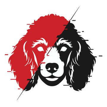Glitch Effect Poodle Dog Vector Portrait, Red and Black Cyberpunk Animal Silhouette