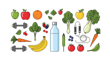 Healthy lifestyle elements: fruits, vegetables, water bottle, dumbbells, jump rope for fitness and wellness, weight loss © Unique