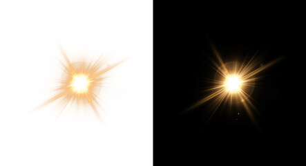 Obraz premium Sunlight lens flare on transparent and black PNG background, sunbeam effect.