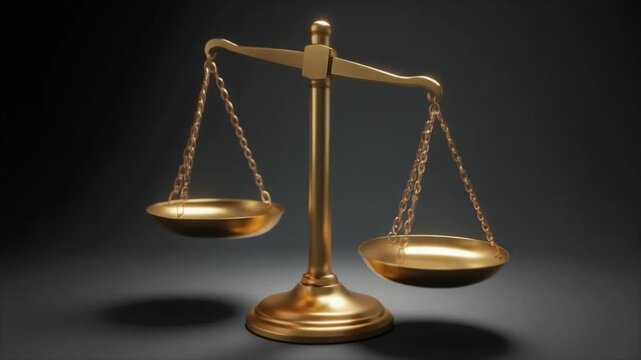 Golden balance scales motionless on dark background symbol of justice law and fairness