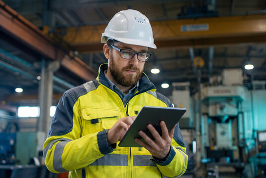 Industrial engineer using digital tablet on factory floor