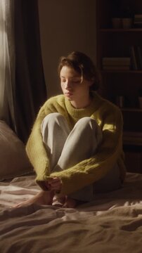 Vertical full length shot of nervous young woman fidgeting with ring on finger while curled on bed holding knees in sunlit room