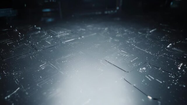 Futuristic technology grid floor surface moves with light reflections and digital patterns