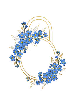Elegant floral wreath composed of blue flowers and gold accents against a white background isolated on transparent background
