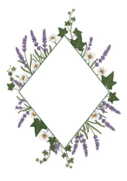 Elegant floral wreath composed of delicate purple and white blossoms arranged in a diamond shape. isolated on transparent background