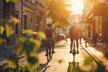 Fototapeta premium Friends cycling through sunny European street to coffee shop