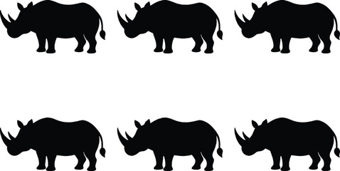 Six black rhinoceros silhouettes arranged in two rows of three on a white background, representing wildlife and conservation. © MdBijoyAli