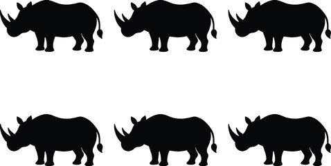 Six black rhinoceros silhouettes arranged in two rows of three on a white background, representing wildlife and conservation. © MdBijoyAli