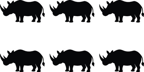 Six black rhinoceros silhouettes arranged in two rows of three on a white background, representing wildlife and conservation. © MdBijoyAli