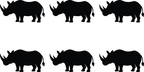 Six black rhinoceros silhouettes arranged in two rows of three on a white background, representing wildlife and conservation. © MdBijoyAli