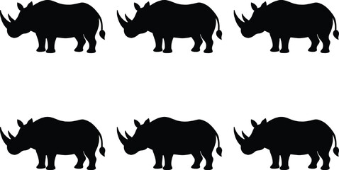 Six black rhinoceros silhouettes arranged in two rows on a white background, representing wildlife and conservation themes. © MdBijoyAli