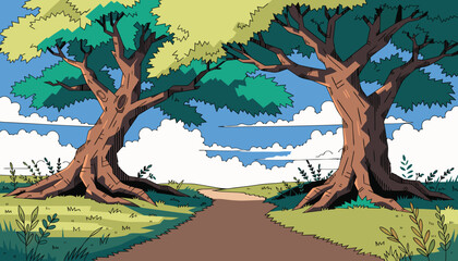 Vibrant cartoon landscape of Mystical stone pathway ascending through an enchanted forest glade Vector © CreativeKamrul