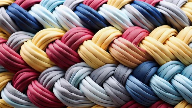 Brightly colored strands come together in a braided design. This visual shows different angles of the patterns, highlighting the textures and colors in afternoon light.
