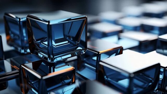 Glass cubes are arranged in a modern design space. Light reflects off their surfaces, creating a play of shapes and colors.