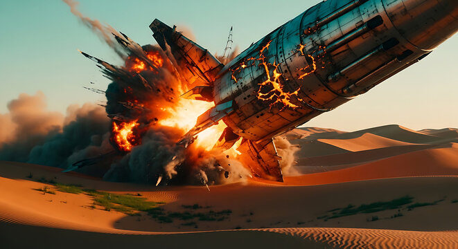 a large metallic rocket crashing and exploding in a vast golden desert at sunset depicting a catastrophic space mission failure