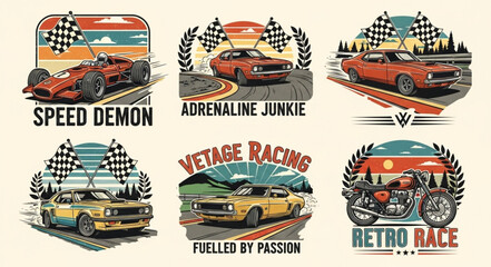 Vintage Racing Car Designs with Retro Aesthetic and Bold Typography. © Cihu