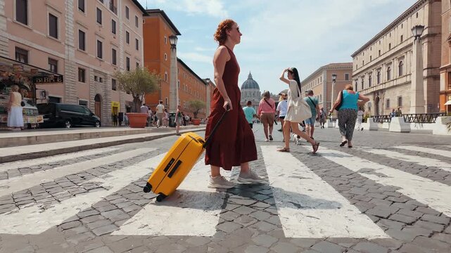 Traveler female walking Via della Conciliazione yellow luggage. Vatican Saint Peter Cathedral landmark background. Summer Rome Italy trip tourism. Urban street photography famous European city sunny d