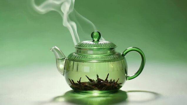 High quality green glass teapot with rising steam on chroma key background providing professional isolated asset for culinary lifestyle and tea related video projects