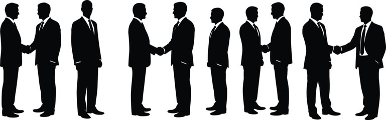 Businessmen shaking hands silhouette set, corporate partnership agreement and professional greeting concept, business deal illustration isolated