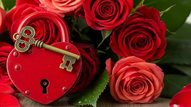 A heart-shaped lock with a gold key on top surrounded by vibrant red and pink roses