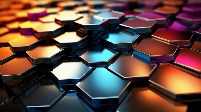 Shapes reflect light in different colors, creating a vibrant atmosphere. Each frame shows unique angles of the hexagonal patterns and their changing colors.