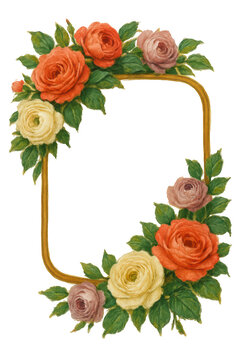 Elegant floral wreath composed of roses and greenery in a decorative frame isolated on transparent background