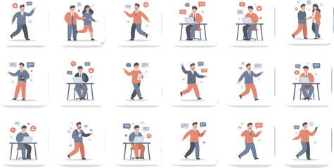 Fototapeta premium Diverse young people characters set working on laptops reading books drinking coffee and shopping for modern lifestyle and freelance work concept flat vector,