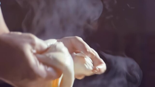 Hands stretch and pull melted cheese, creating long strands and a gooey texture, with steam rising in a warm kitchen setting, emphasizing the deliciousness of the dish