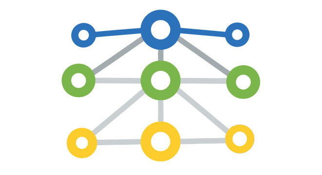 Colorful network diagram with interconnected circles representing nodes and connections