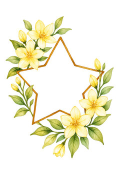 Elegant floral wreath composed of yellow blossoms and delicate green leaves intertwined with ribbon isolated on transparent background