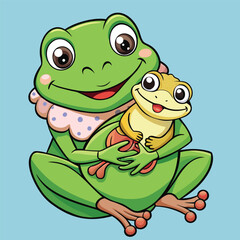 Obraz premium Frog Mom Hugging Baby Frog Cute Cartoon Vector Illustration