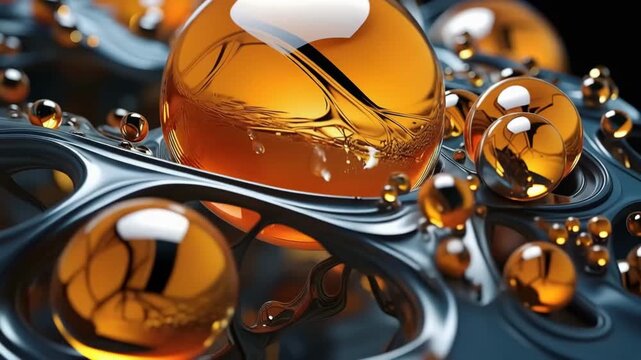 Close-up views show the orange liquid bubbles resting on a dark surface. Each frame highlights the shapes and patterns formed by the bubbles. The focus is on the details and textures.