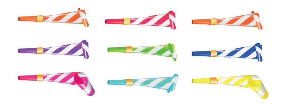 Color Party Blower Whistles Set of Celebration Happy Party. Realistic Detailed 3d. Vector