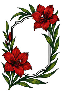 Elegant floral wreath design featuring vibrant red blooms and lush green foliage isolated on transparent background