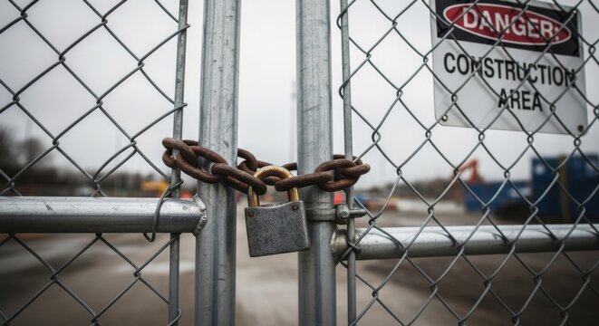 Metal padlock and rusty chain on wire fence at construction site. Restricted zone with danger warning sign. Concept of security access, prohibition, closed territory and industrial safety.