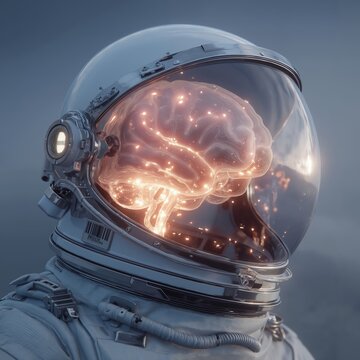 A man in an astronaut suit with a glowing brain inside of his helmet