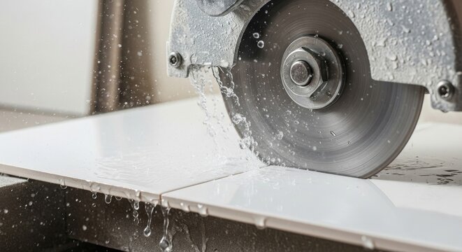 Tile cutter machine sawing ceramic tile with water cooling system. Tiler professional tool for construction and home renovation. Industrial precision cutting for floor or wall repair.
