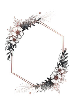 Elegant floral wreath design with a geometric hexagonal frame and botanical elements isolated on transparent background