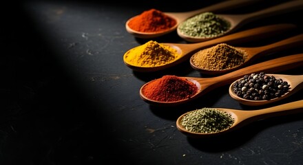 Colorful Assorted Spices in Wooden Spoons on Dark Background &ndash; Turmeric, Paprika, Chili, Cumin and Star Anise