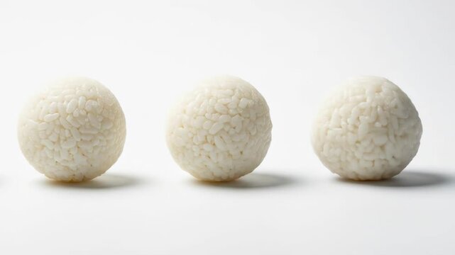 A row of four spherical white objects with textured surfaces on a plain white background