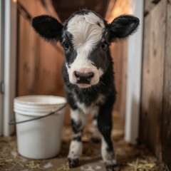 Fototapeta premium A small black and white calf standing next to a bucket of hay