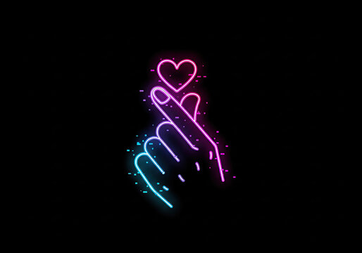 A hand with two neon hearts floating up