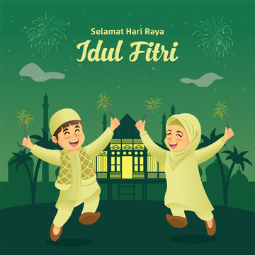 Selamat hari raya Idul Fitri is another language of happy eid mubarak in Indonesian. kids in muslim clothes jumping and playing with firecracker celebrating eid mubarak in the village