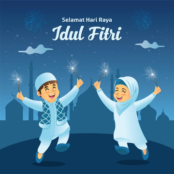 Selamat hari raya Idul Fitri is another language of happy eid mubarak in Indonesian. kids in muslim clothes jumping and playing with firecracker celebrating eid mubarak in the night