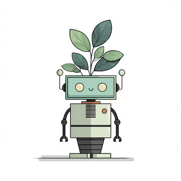 robot, ecology, robot cares about nature, white background, children's image of a robot
