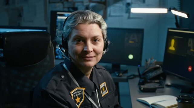 Close up shot of grey haired mature woman working as dispatcher at police command center and turning to camera smiling while sitting at desk during night shift, side view