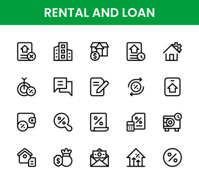 Rental and loan icon set. Rental and loan professional line icon collection with modern microfinance and small business loans.