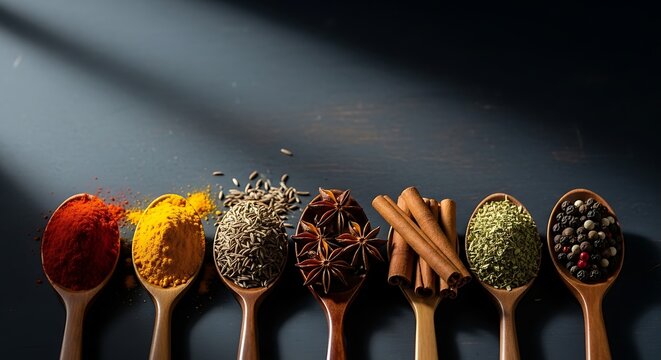 Assorted Spices in Wooden Spoons on Dark Background, Aromatic Cooking Ingredients with Dramatic Light