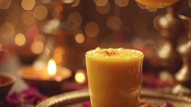Cinematic slow-motion pour bright golden mango lassi clear glass, saffron strands floating top, brass plate traditional utensils scattered rose petals, warm Diwali lamp bokeh, vibrant festival colors