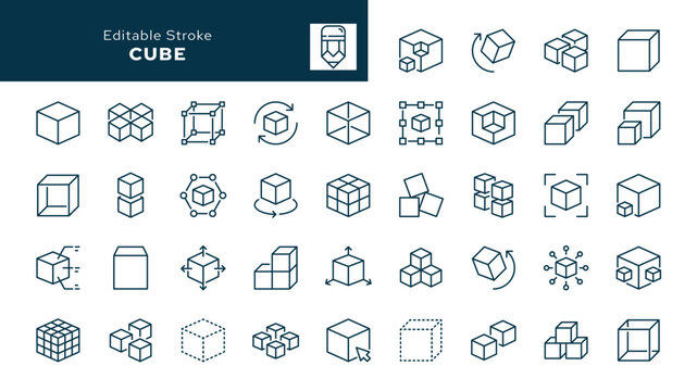 Cube. Set of outline icons. Module, box, Geometric shape, model, block, product. Line icon in linear style. Vector collection	